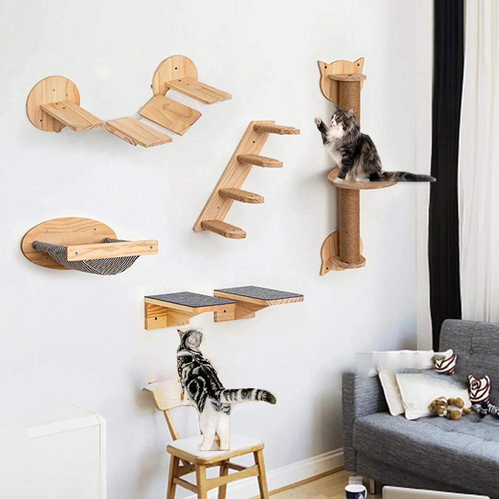 Wall Mounted Cat Climbing Shelves Cat House Cat Bridge Cat Hammock with Scratching Post and Pedals or Stairway for Kittens