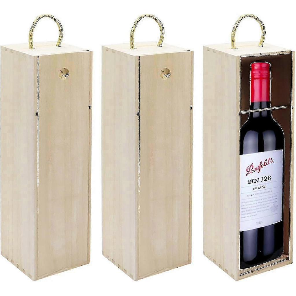 25-26 Wooden Wine Box,3 Pack Single Gift Box With Handle For Holiday, Birthday Party,13.87 X 3.87 X 4 Inches