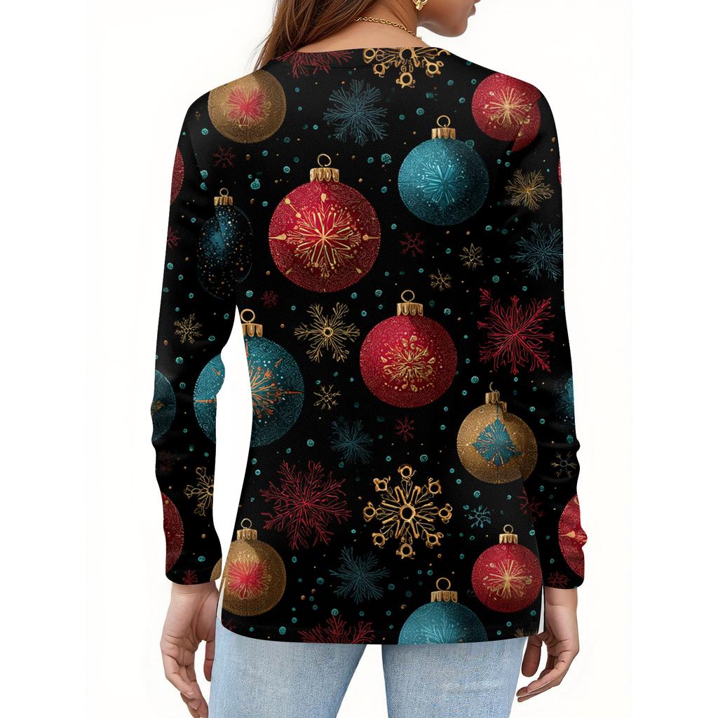Women's Fashion Casual H Printed V-Neck Long Sleeve Decorative Button T-Shirt Tops