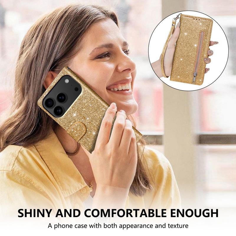 Glitter Zipper Leather Flip Wallet Case For iPhone 17 Pro Max Luxury Card Slots Phone Holder Cover For iPhone 16 15 14 Pro Max 13 12 11