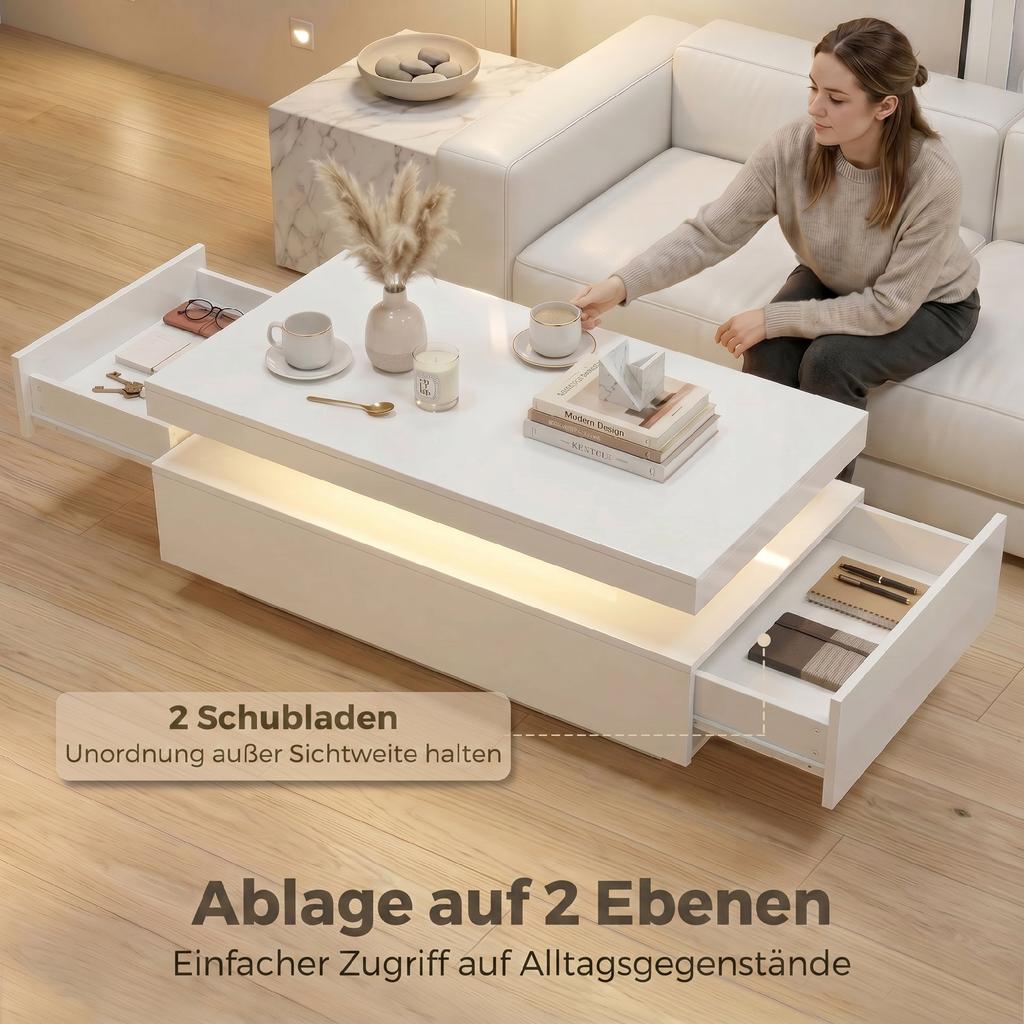 LED Coffee Table with Storage, Modern 2-Level Living Room Table with 2 Drawers, High Gloss White