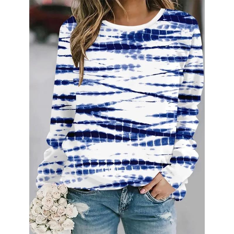 Fashion Women's Crew Neck Long Sleeve 3D Casual Color Printing Casual Long Sleeve T-Shirt