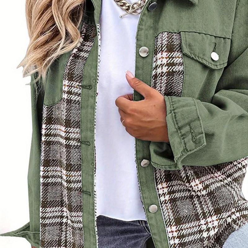 2026 European & American Style Patchwork Plaid Denim Jacket - Soft, Warm, Fashionable