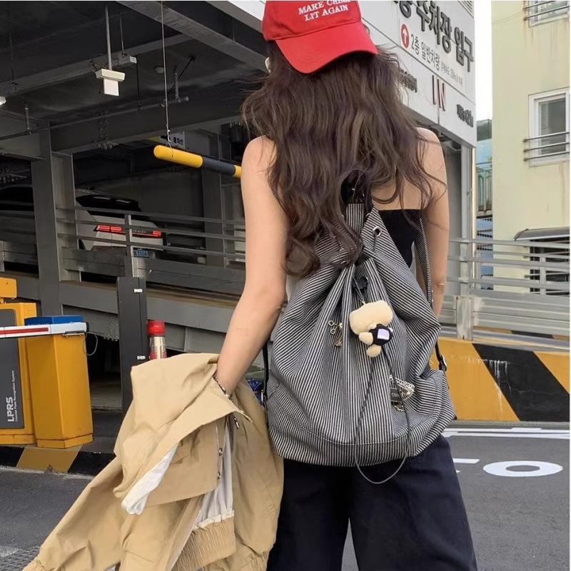Student Casual Backpack Women's 2025 New Trendy Korean Striped Canvas Bag Versatile Large Capacity Going Backpack