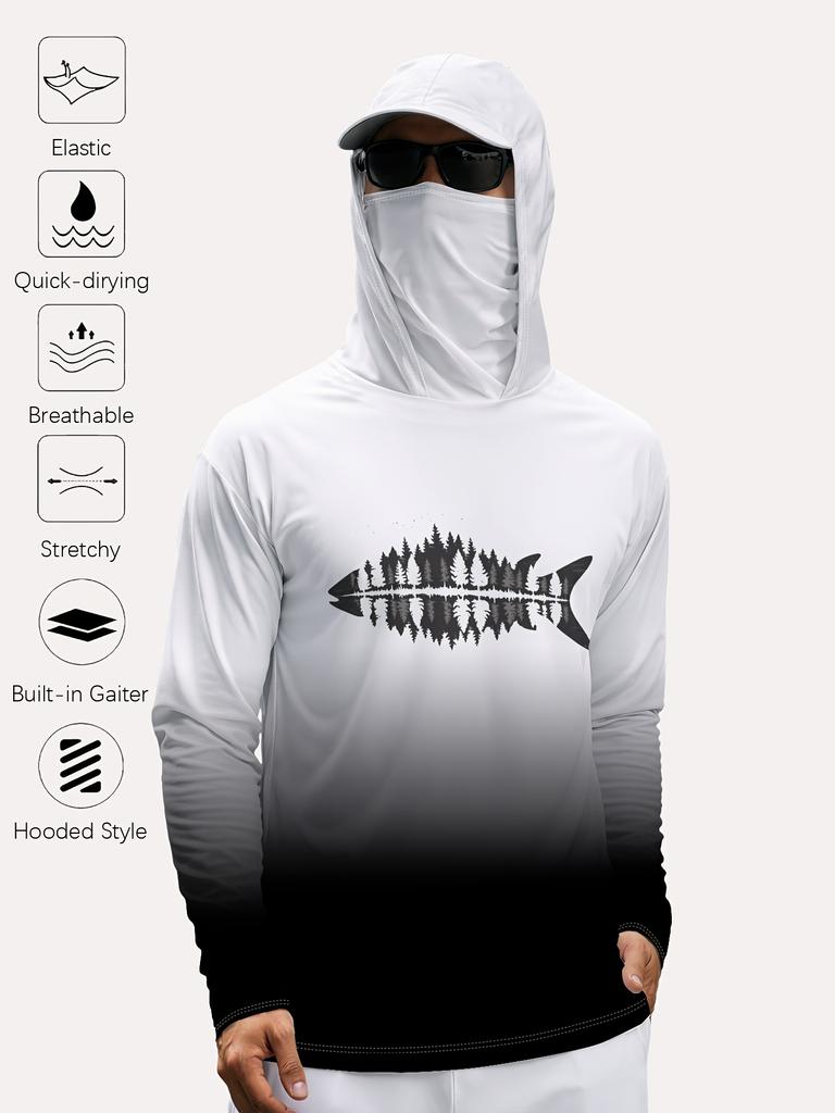 Men'S Outdoor Long Sleeve Hoodie with Mask Breathable Quick-Drying Stretchy Fishing Shirt Forest Fish Print Top