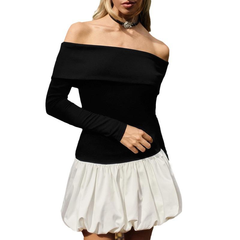 European & American Sexy Off-Shoulder Black & White Patchwork Slim Bubble Dress - Long-Sleeved, Autumn/Winter Collection.
