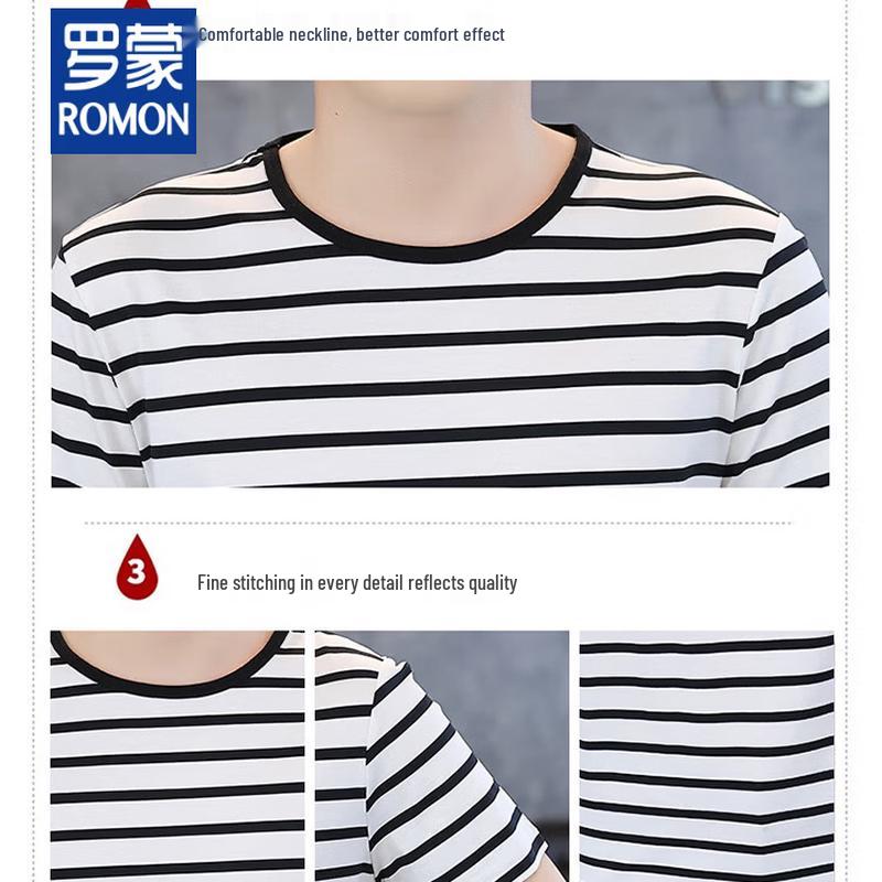 ROMON Men's Striped Round Neck Short Sleeve T-Shirt
