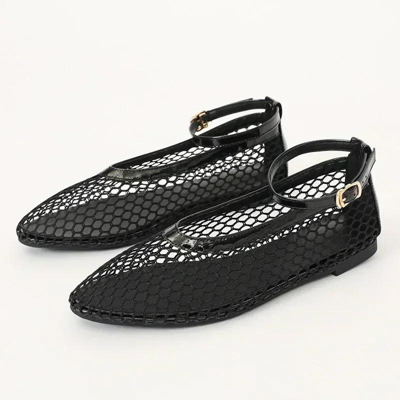 Fashion Comfortable Hollow Mesh Flat Sandals Women Sexy T Strap Belt Buckle Design Brand Ballet Shoes Non-slip Soft Sole Women's Shoes