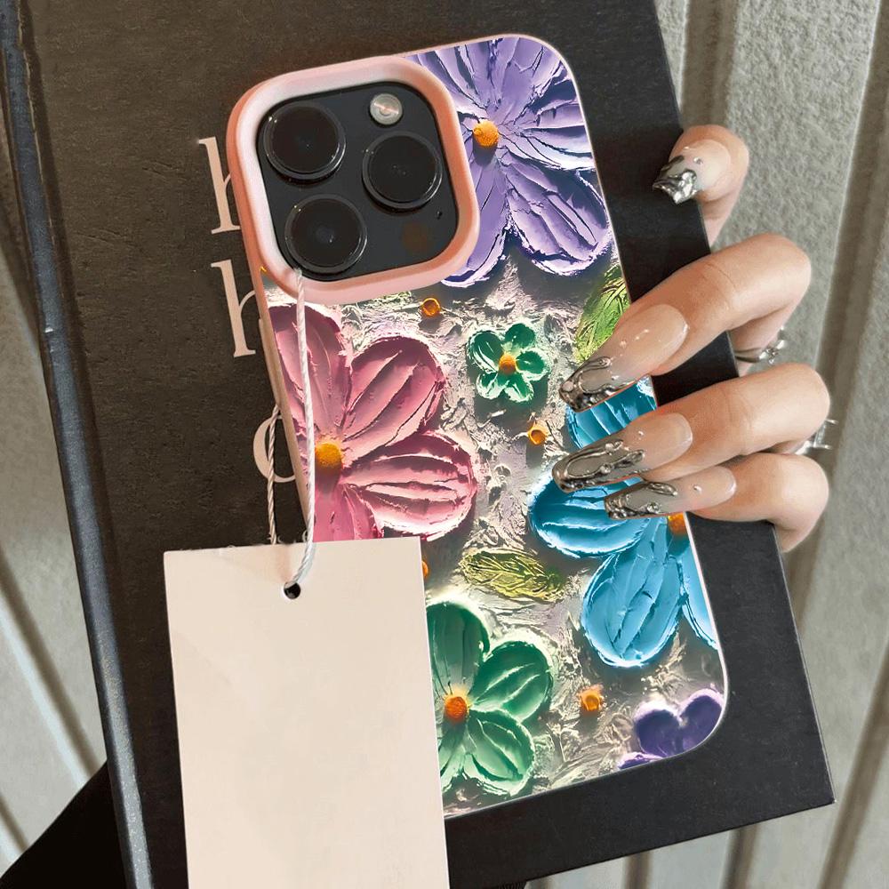 HOT Oil Painting Flowers Luxury Lichee Leather Pattern Phone Case For iPhone 17 16 15 14 13 12 11 Air Pro Max Plus X XR XSMax