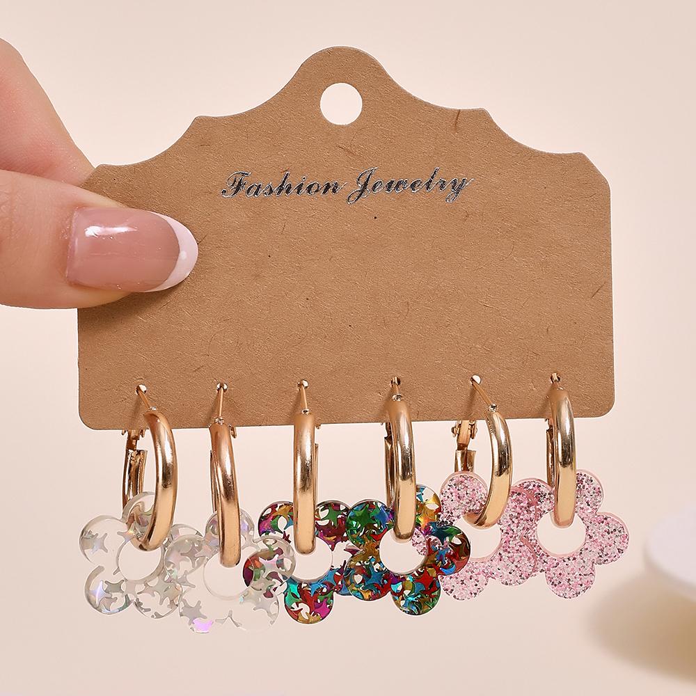 Spring Summer Elegant Earrings For Women Fashion Cute Colorful Five Petal Flower Pendant Earrings Set