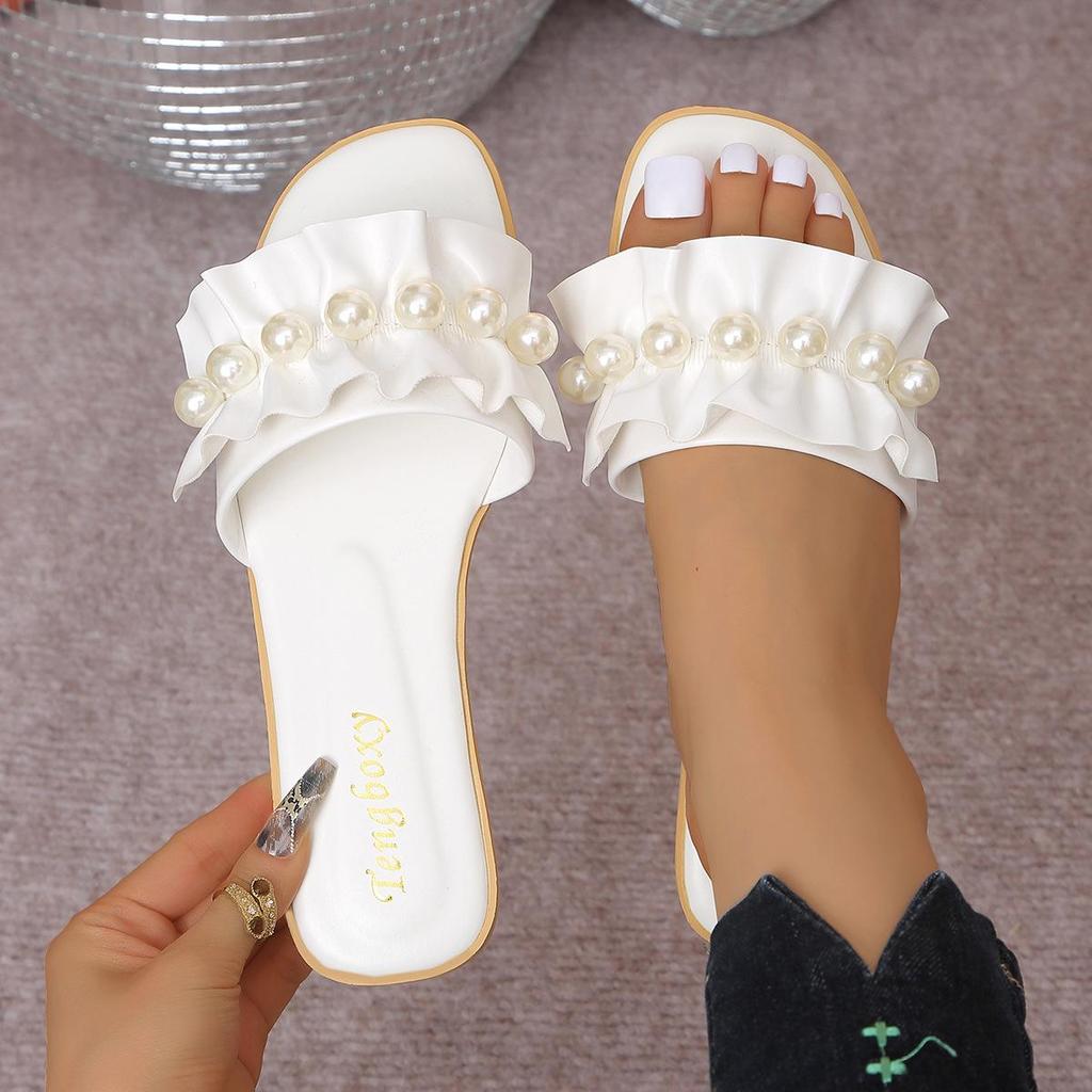 2026 New Women's Pearl Lace Thin Strap Summer Sandals: Plus Size Beach Slippers for Outdoor Wear