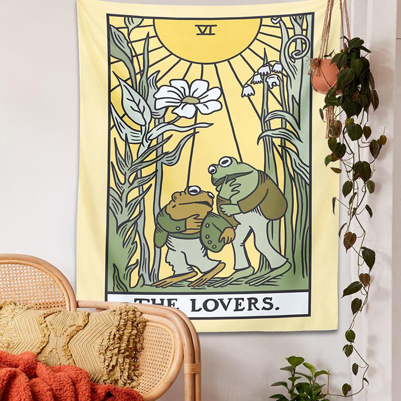 1pc Psychedelic Frog Tarot Tapestry  The Lovers Sunflower Design Botanical Hippie Wall Art for Living RoomBedroomDorm