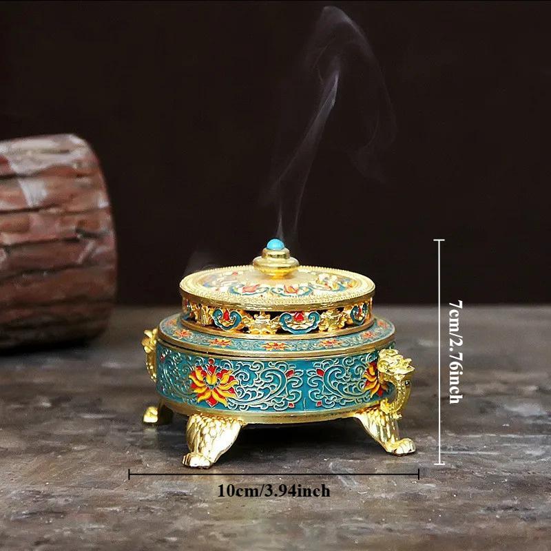 1pc Azul Cor Em Relevo Esmalte Pintado Templo Placa Queimador de Incenso Liga de Cobre Antigo Queimador de Incenso Aromaterapia Queimador de Incenso Sândalo Trombeta
