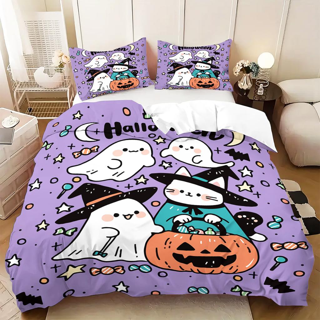 3-piece Halloween themed purple cute ghost pumpkin pattern duvet cover set 1 duvet cover+2 pillowcases coreless