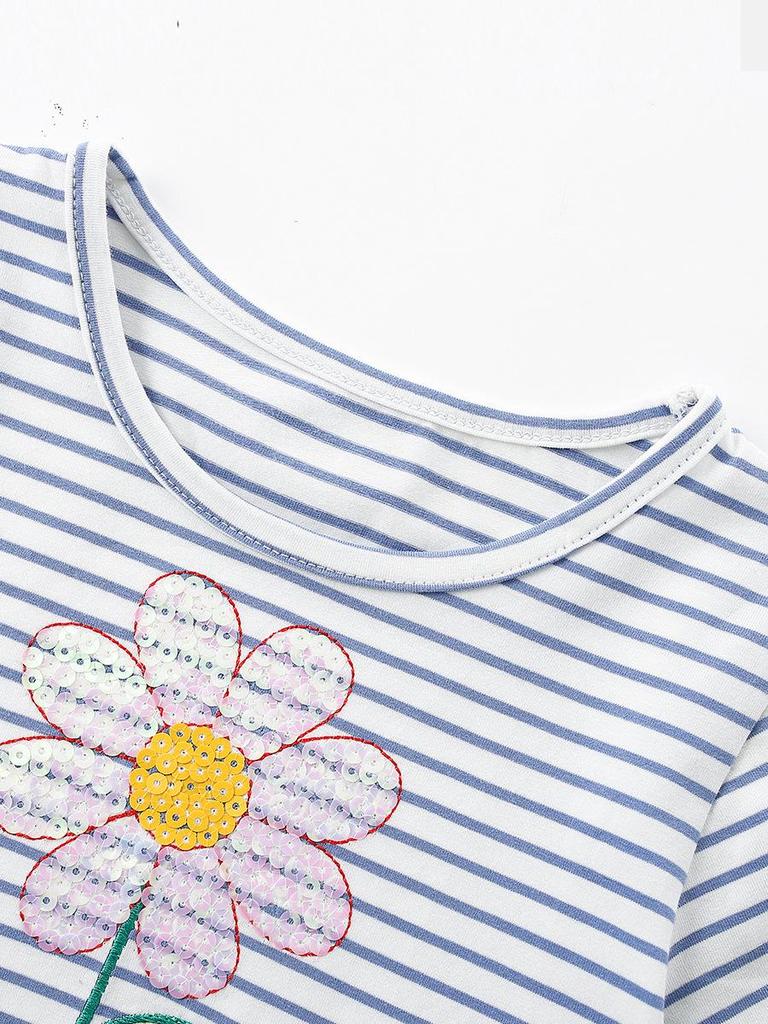 Children's Spring/Summer Mesh Striped Floral Sequin Dress - Short Sleeve