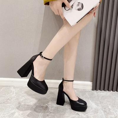 Zapatos Mary Jane de Plataforma Negro/Beige con Correa de Hebilla Cubierta y Tacón para Mujer, Casuales de Punta Cuadrada, Tacones Altos de 13 cm, Zapatos de Salón para Señora