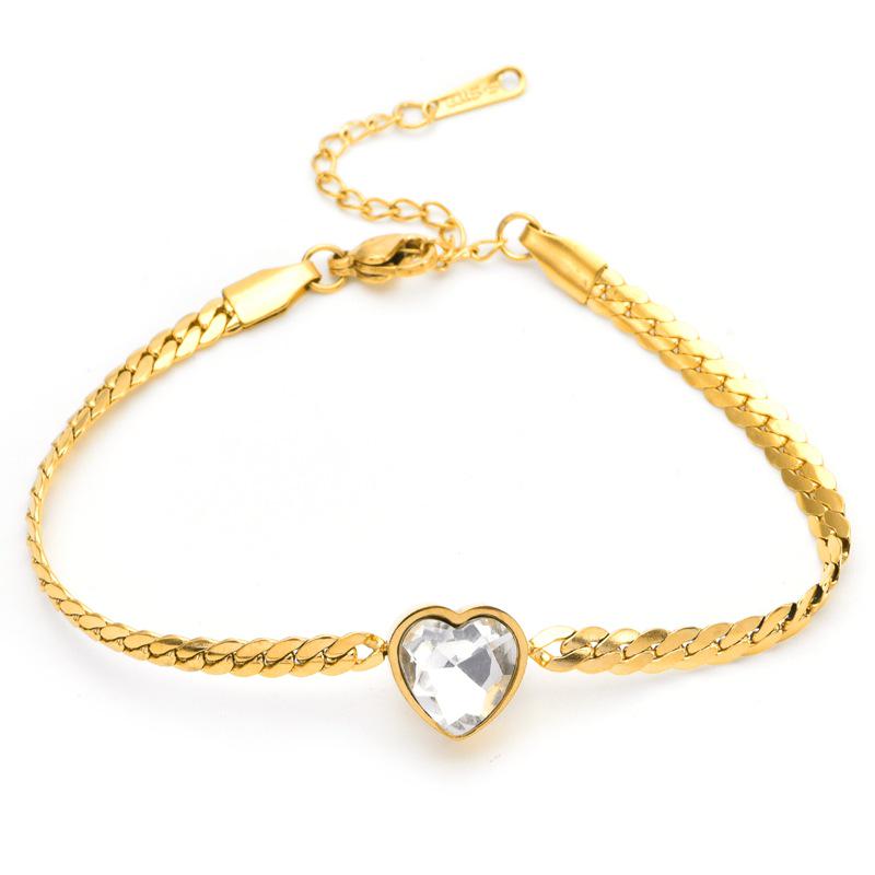 Elegant European & American Heart Necklace & Bracelet Set for Women, 18K Gold-Plated Titanium Steel with Gemstones, Non-Fading