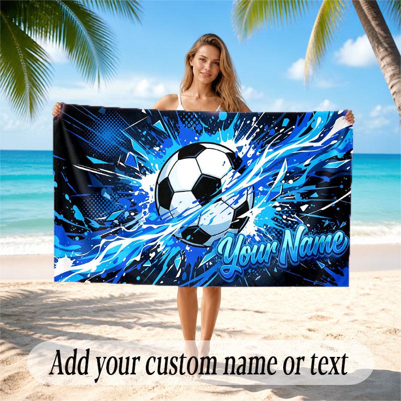 Soccer Theme Beach Towel Personalized Custom Name & Text Soft Quick Dry Beach Towel for Swimming Travel