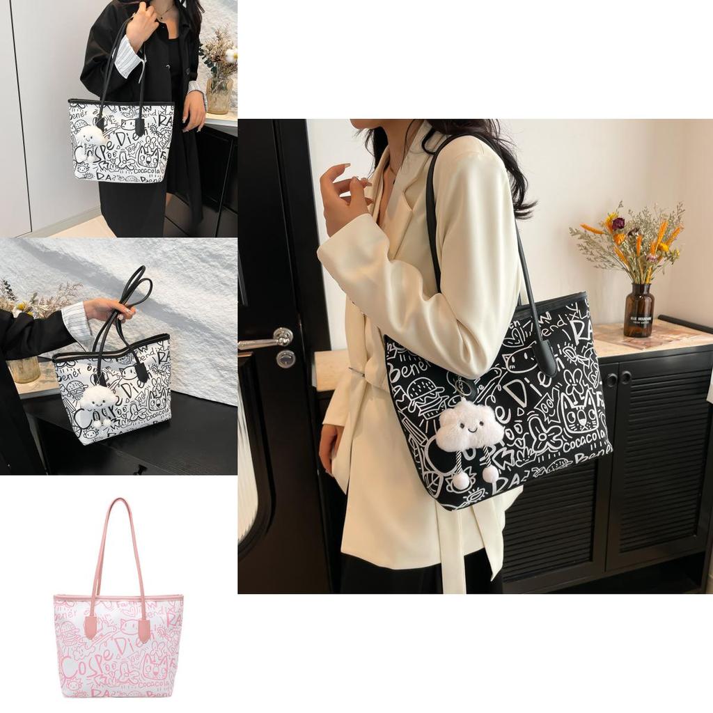 Street Fashion Graffiti Tote Bag For Women Pu And Fabric Blend Large Capacity Zip Closure Phone Pocket Daily Commute Essentials