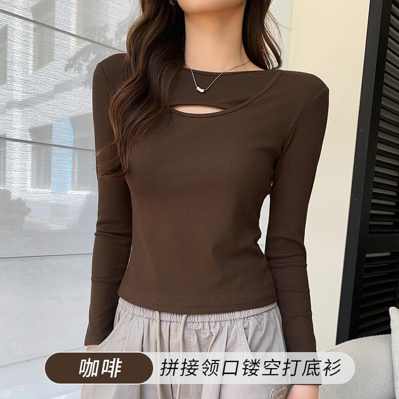 

1 Облегающая футболка с длинным рукавом, женская внутренняя накидка, осенне-зимний дизайн, полый вырез крест-накрест, полосатая базовая футболка, топ XL fits 125-70kg кофейный