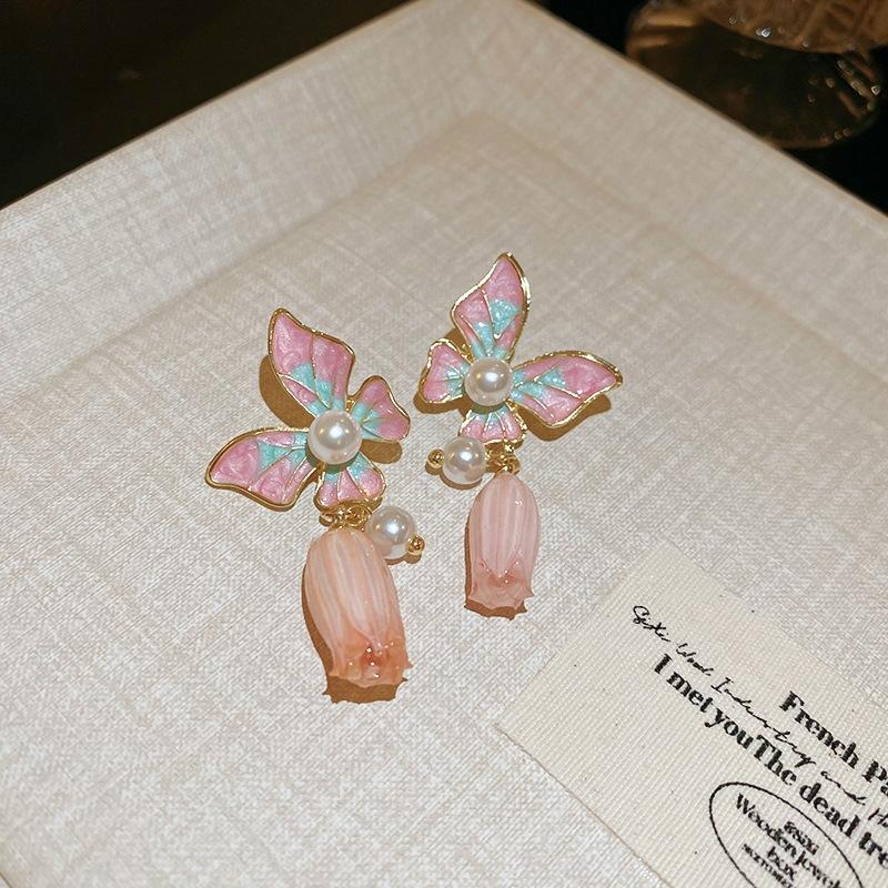 Mode Vintage Ölgemälde Stil Imitiert Barock Perlenblumen Ohrringe Tropfglasur Ohrring Damen Zart Hochwertige Accessoires