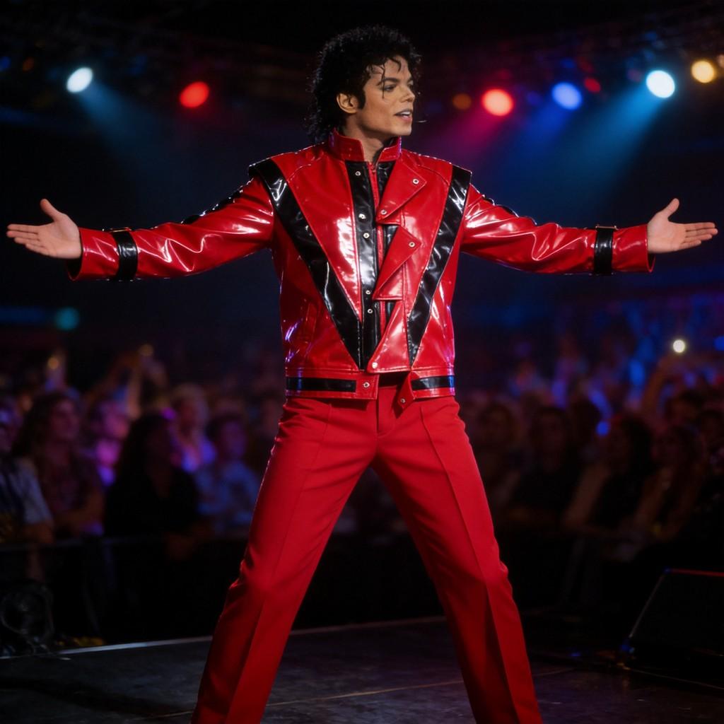Disfraz de Michael Jackson: Chaqueta y pantalones de cuero rojo para artistas escénicos.