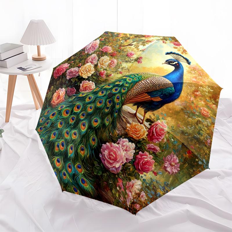 1 PC Automatic Folding Umbrella - Peacock Garden Pattern, Portable & Foldable Design with 8 Ribs, Christmas Birthday Gifts