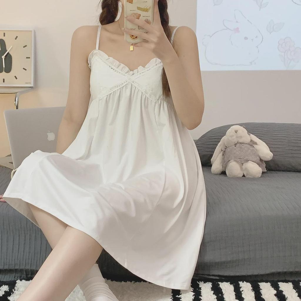 White Summer Nightdress with Chest Pad – Sweet, Pure Desire Style Imitation Cotton Pajamas for Women