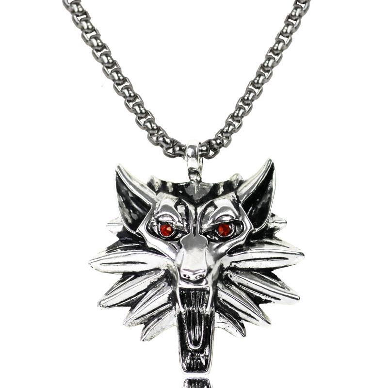 Men's Stainless Steel Red-Eyed Wolf Head Pendant