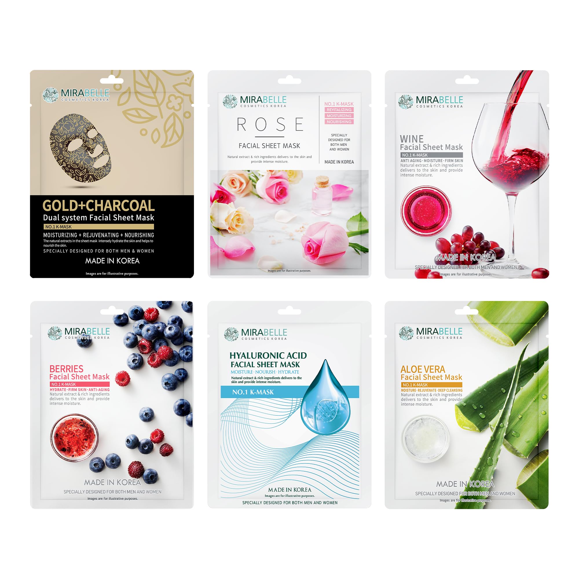 Mirabelle Dry Skin Face Mask Sheets | Deep Hydration & Nourishing Glow | For All Skin Types, Women & Men | Korean Face Sheet Mask Combo Pack Of 6 (