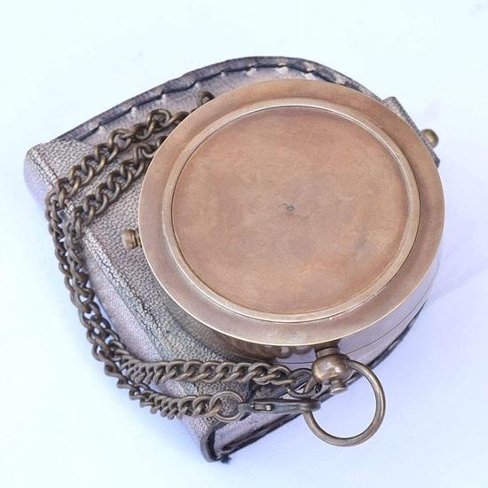 Mosiężny marynarski kompas kieszonkowy z zegarem słonecznym i skórzanym etui, prezent w postaci laski