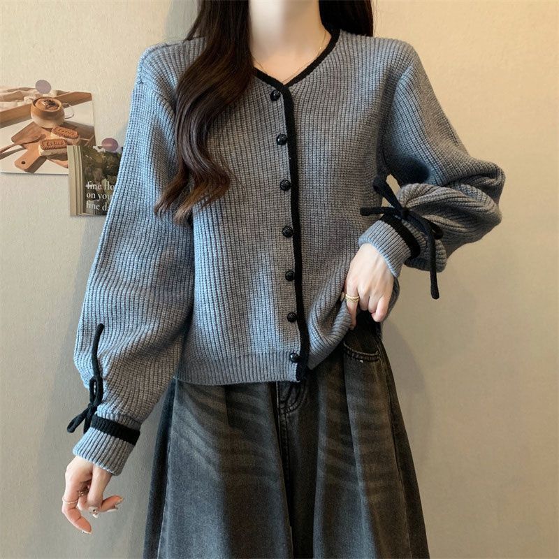 Women's Knitted Sweater Cardigan Spring and Autumn Fashion Chinese Style Lace Up Fashion