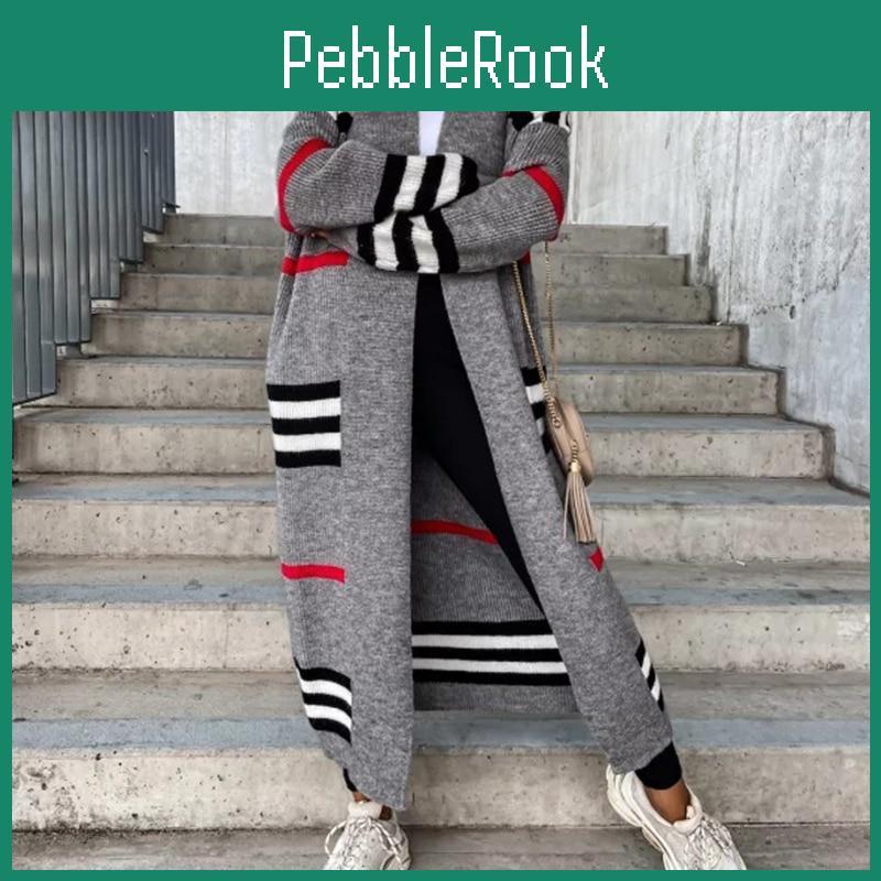 Knitted Winter Women Cardigan Autumn Striped Patchwork 2022 Elegant Loose Long Outerwear Maxi Y2k Sweater Coat Soft Jacket