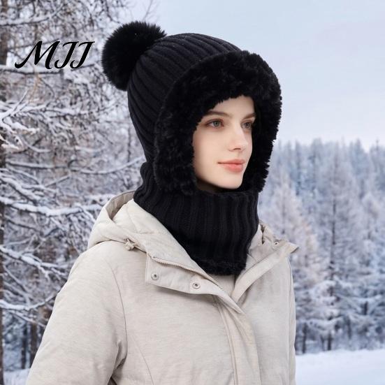 Elastic Warm Hat for Running Windproof Balaclava, Knitted Ski Mask Hat, Fleece Lined Knit with Winter Balaclava Men And Women Pompom, Cozy Neck Warmer