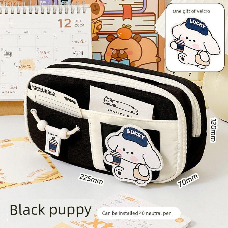 

Grade Three Class Two Cute Patch Pencil Case Good-looking Junior High School Student Only Large Capacity Pencil Case Pencil Box Suit Black Puppy (1 with Velcro)