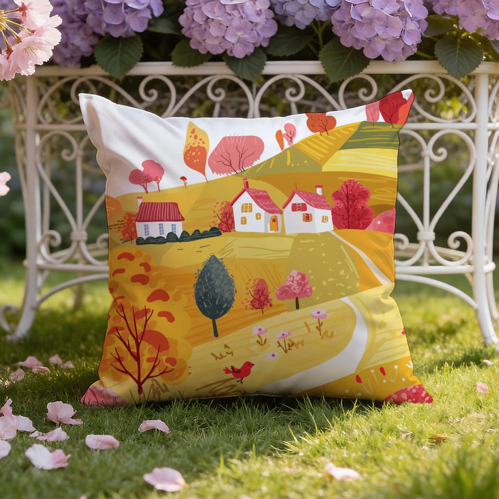 Colorful Farm Painting Cushion Cover Home & Car Dual-Scene Pillow Cover: Reversible for Premium Comfort