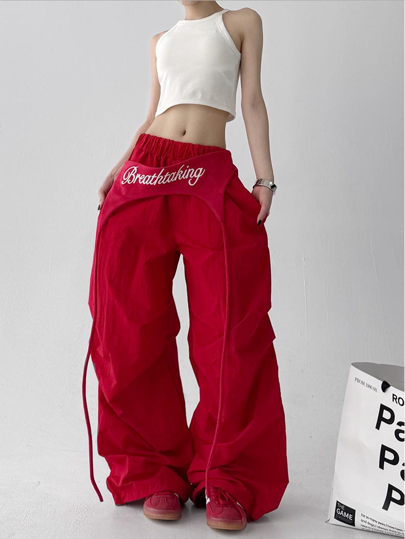 

Women s American Retro Wide-Leg Pants with Butt Flap Layered Strap Design - Hip-Hop Jazz Casual Loose Scimitar Style L красный