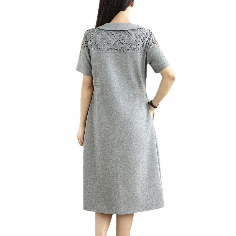 Loose and Breathable Hollow Large Size Lace Splicing Medium and Long Skirt Slim Lapel Short Sleeve Temperament Dress
