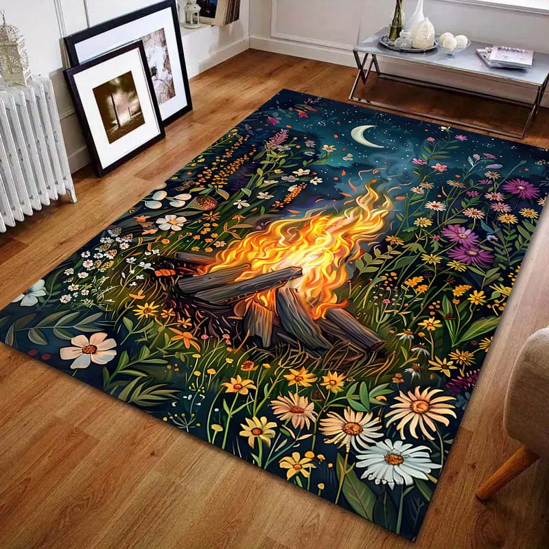 Flowers and Bonfire Print Carpet for Bedroom Living Room Bedside Sofa Floor Mat Modern Home Decor Space Area Rug for Gifts
