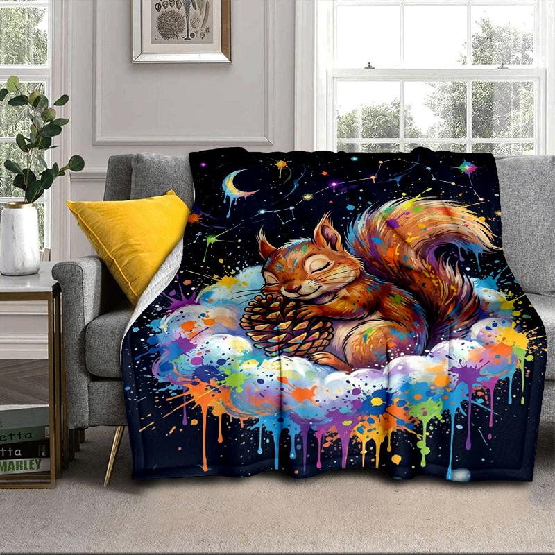 Squirrel Dreams Under Moonlight Blanket Flannel Blanket for Bed, Sofa, Camping, Hiking, Picnic Essentials, Gift for Family Fan Gifts