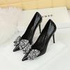 Thin Heel Stone Pattern Lacquer Skin Shallow Mouth Pointed Water Diamond Bow Tie Single Shoe High Heel