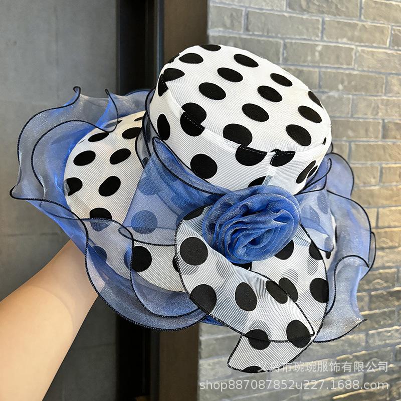 Fashion summer travel visor British elegant organza hat women's sunscreen big edge polka dot top hat