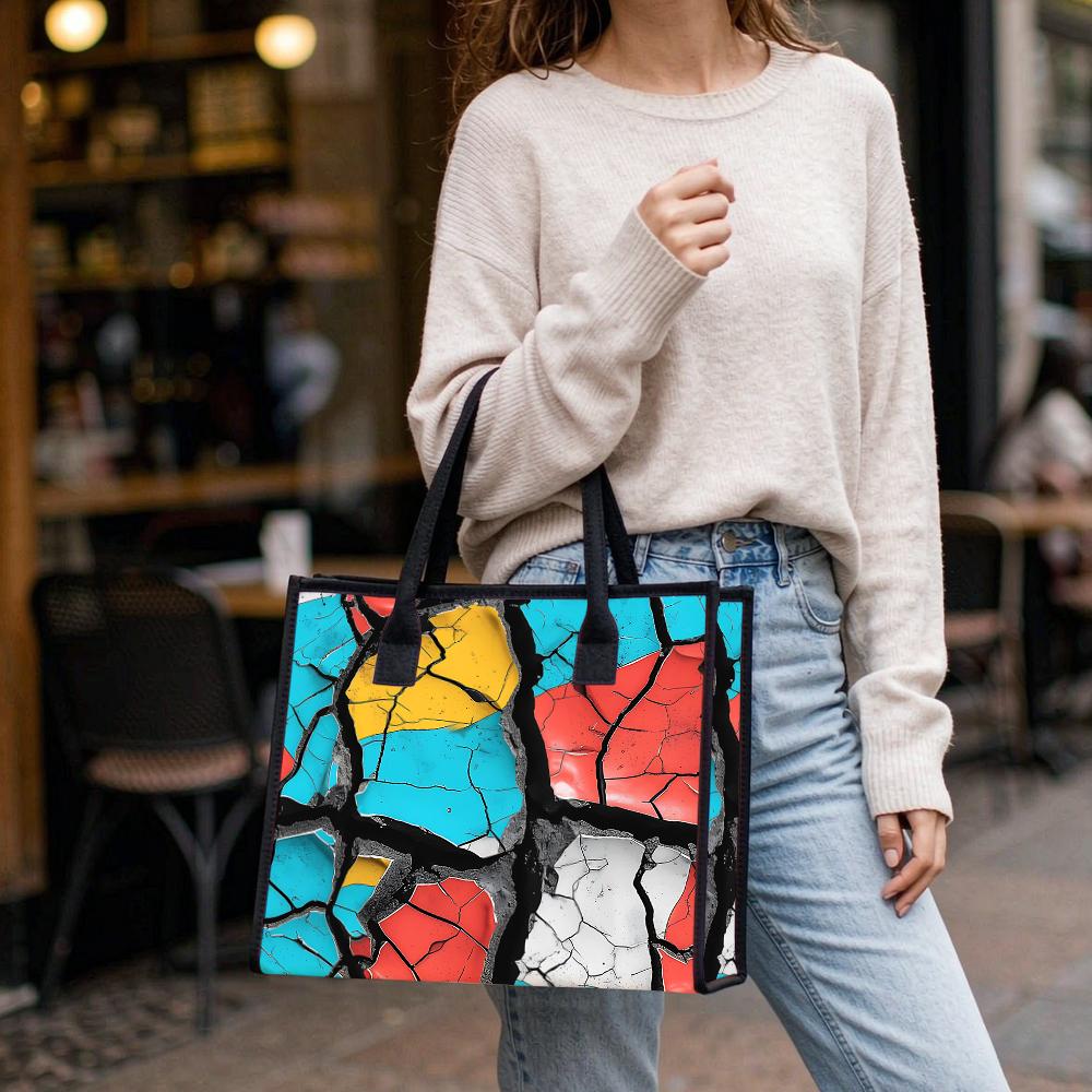 Colorful Crack Print Tote Bag Casual Large Capacity Durable Shoulder Handbag for Daily Shopping Work Use