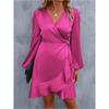 Women's V-neck Dress Satin Waist Cinched Low Cut Casual Mid Length Skirt Sweet Style New Item
