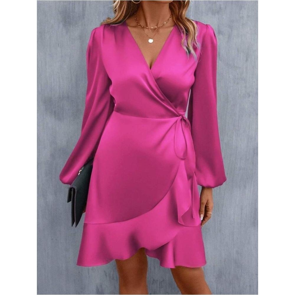 Women's V-neck Dress Satin Waist Cinched Low Cut Casual Mid Length Skirt Sweet Style New Item