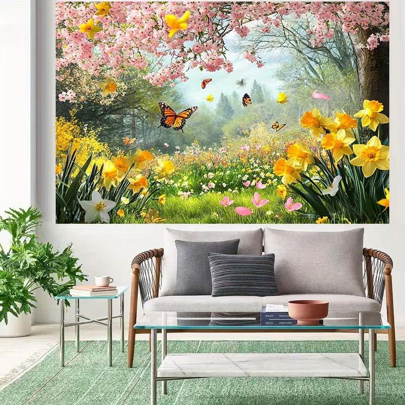 2D Misty Spring Forest Tapestry, Cherry Blossom Canopy & Wildflowers Wall Decor