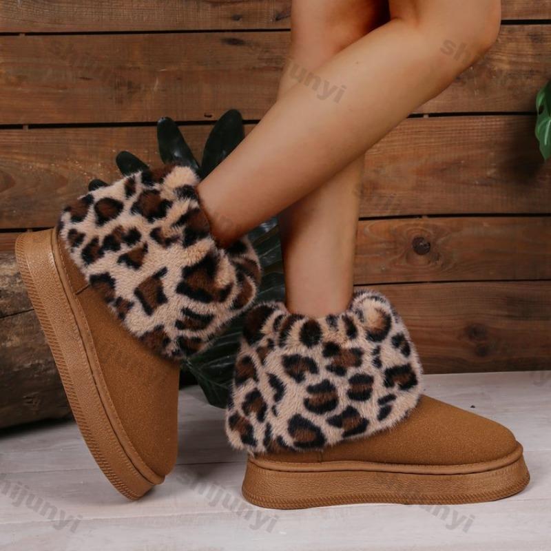 Women Snow Boots Leopard Print Winter Leopard Print New Platform Anti Slip Warm Comfort Thick Soled Plush Snow Ankle Boots