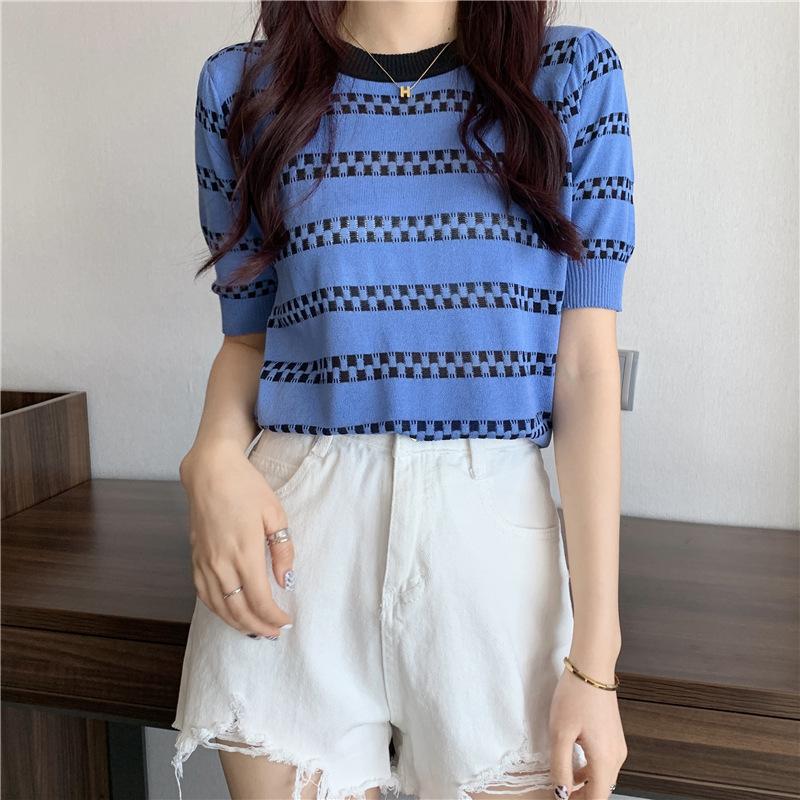 Sommer Locker Dünner Pullover Gestreift Rundhals Kurzarm Strickshirt Dünne Oberteile Damen Lässig Essentiell Komfort und Stil Slim Fit Pullover T-Shirts