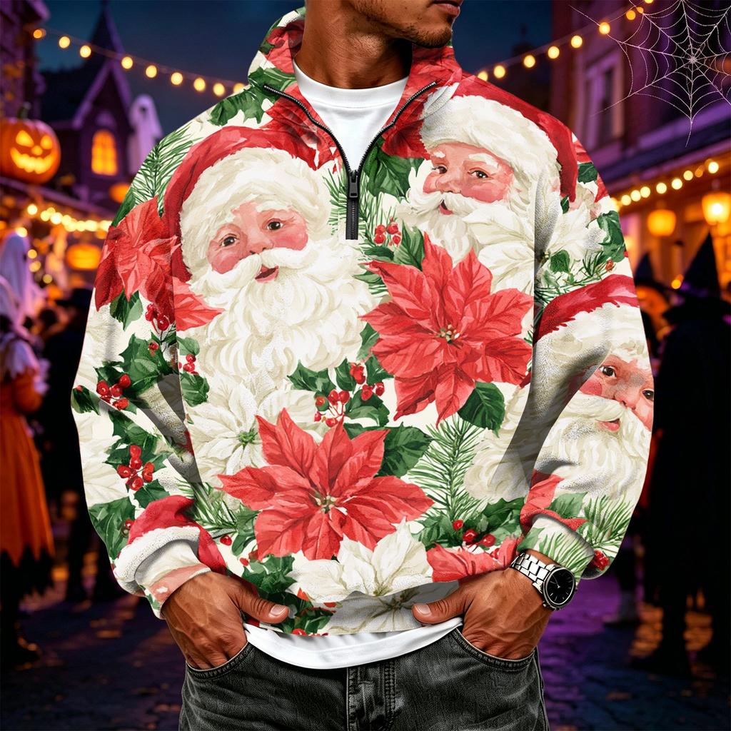 Men's Casual Flannel Quarter-Zip Long Sleeve Sweatshirt with Christmas Print
