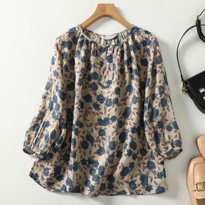 Damen Frühling Lose Print Vintage Langarm T-Shirt O-Ausschnitt Ballonärmel Retro T-Shirt